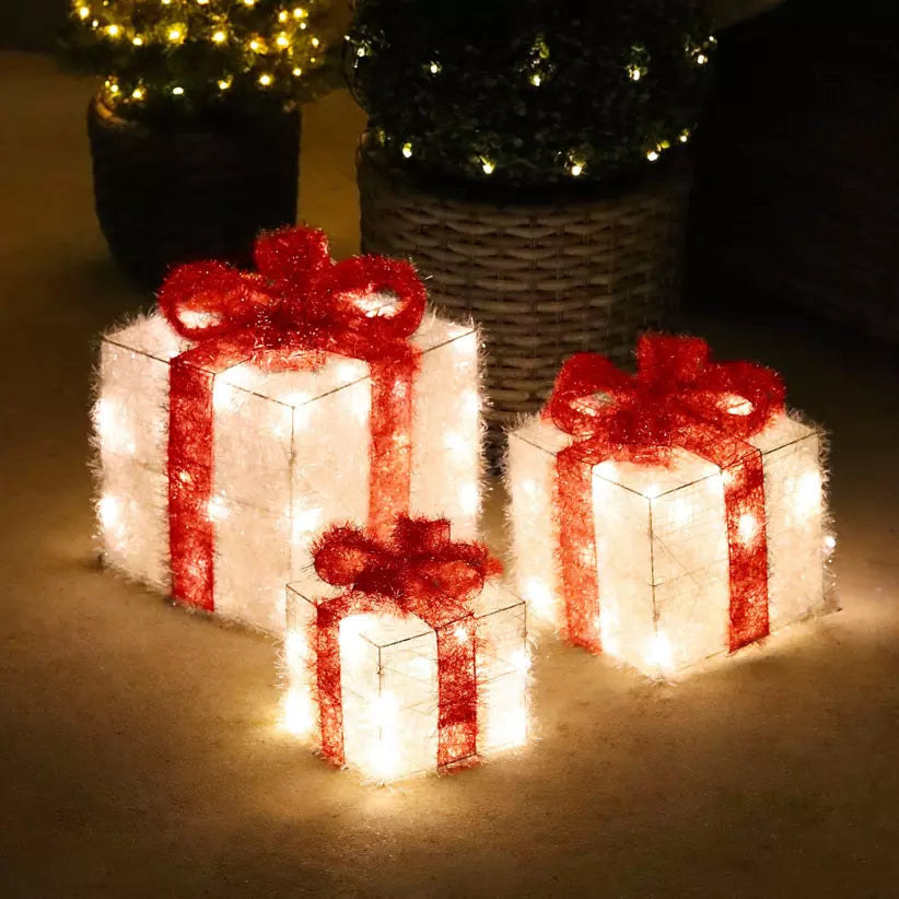 Lot de 3 cadeaux lumineux à piles, 65 LED (H30 cm) ruban rouge et blanc