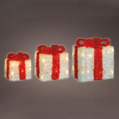 Lot de 3 cadeaux lumineux à piles, 65 LED (H30 cm) ruban rouge et blanc