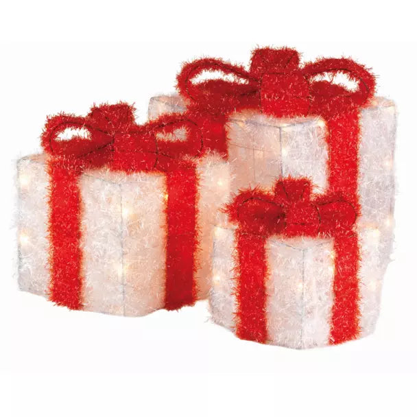 Lot de 3 cadeaux lumineux à piles, 65 LED (H30 cm) ruban rouge et blanc